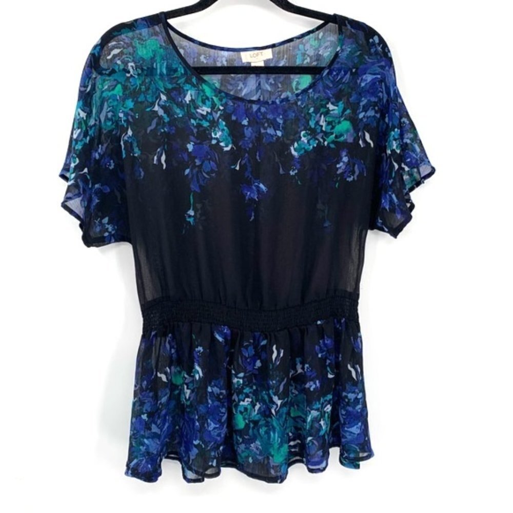 LOFT Flowy Sheer Floral Top Elastic Waist Abstract